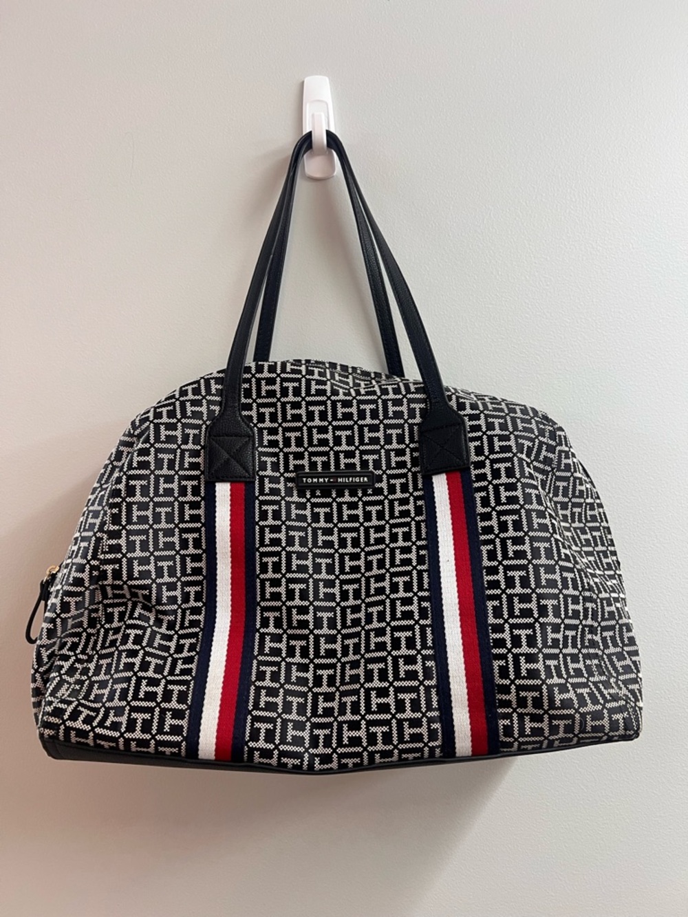 EUC! Tommy Hilfiger Navy & White Monogram Logo Stripe Duffle Travel Tote Bag
